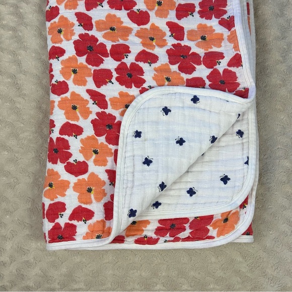 Aden + Anais White Label Red Orange Poppy Flower Baby Dream Blanket Muslin Blue